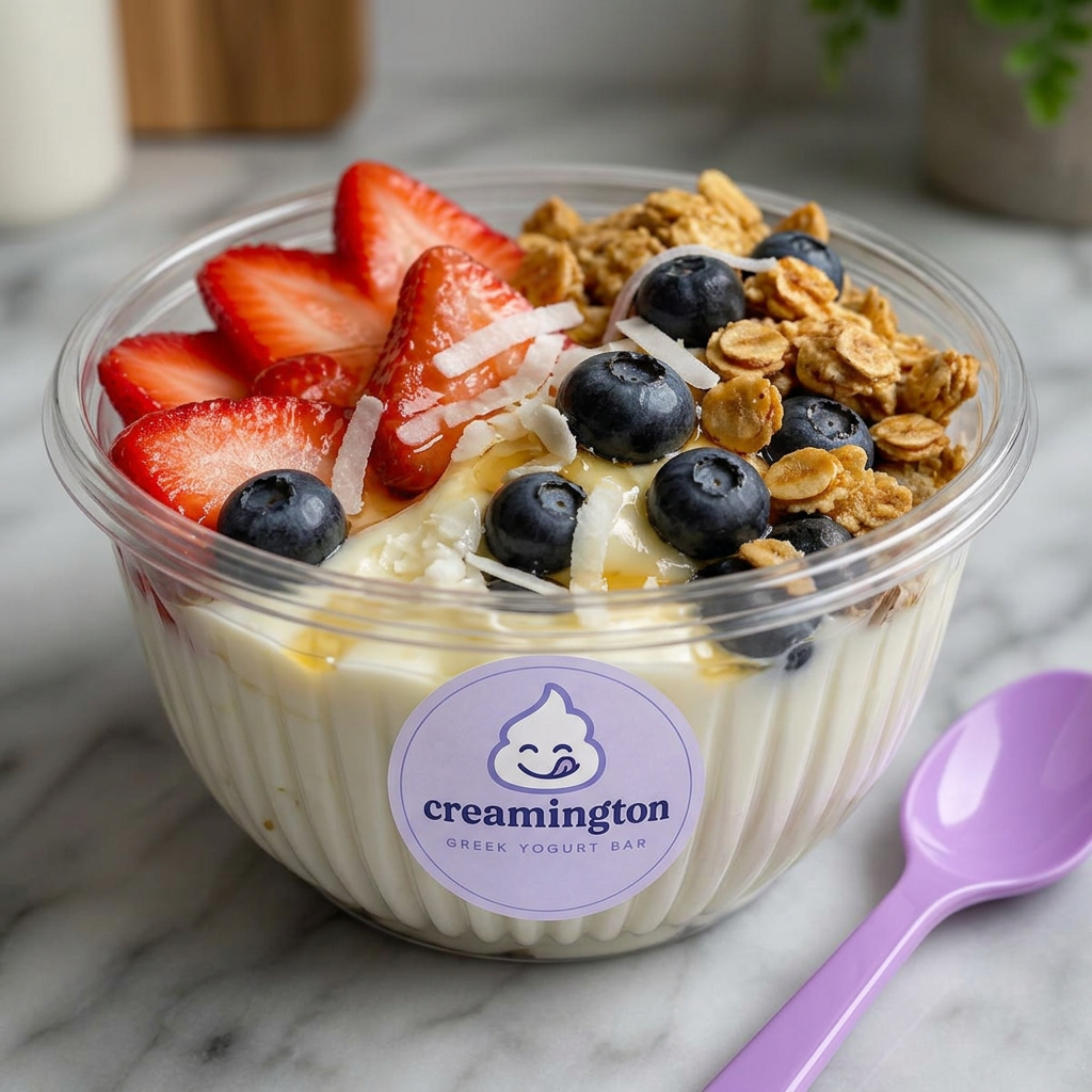 Greek yogurt bowl with strawberries, blueberries, granola and honey