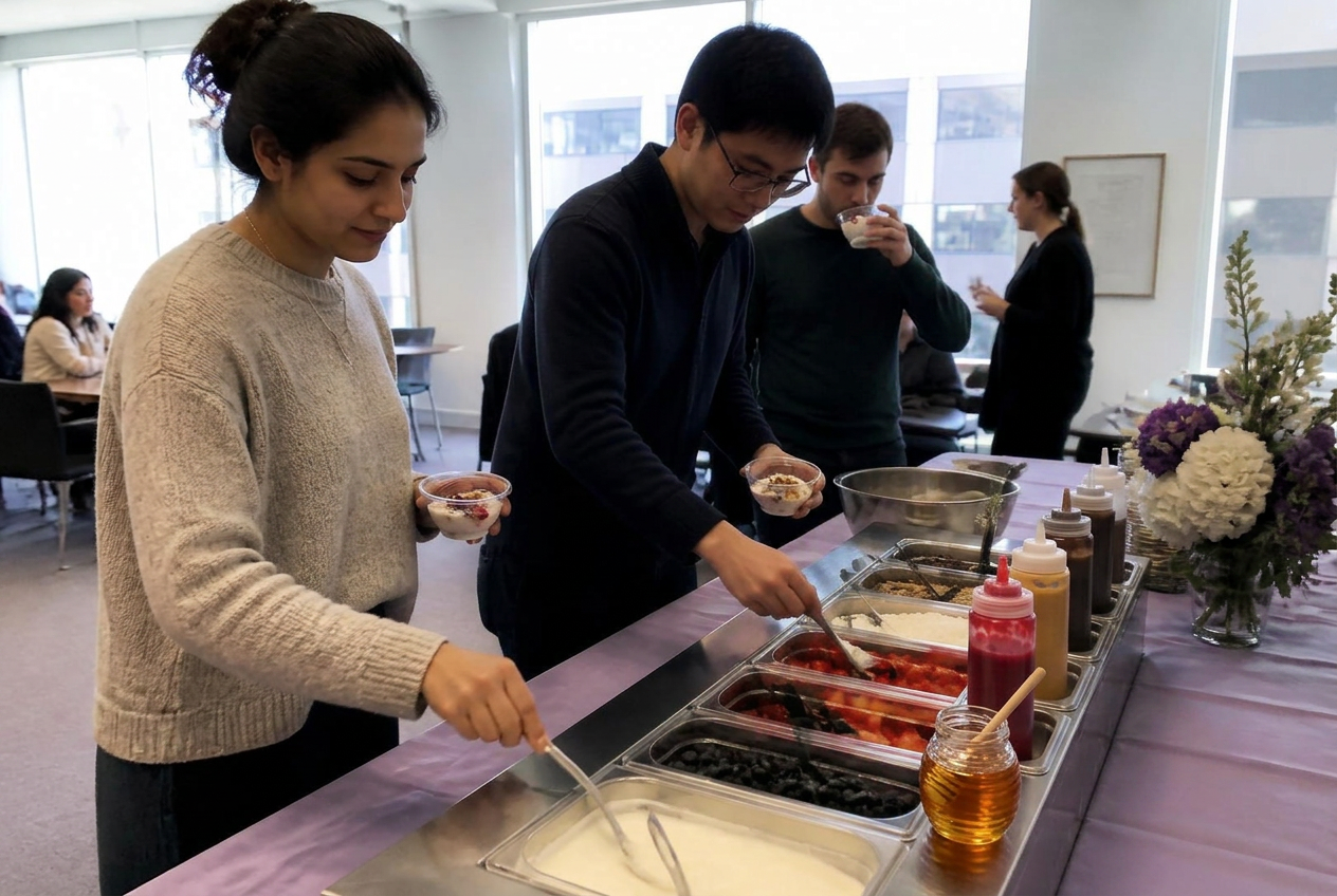 Coworkers serving themselves from a Greek yogurt bar in their office