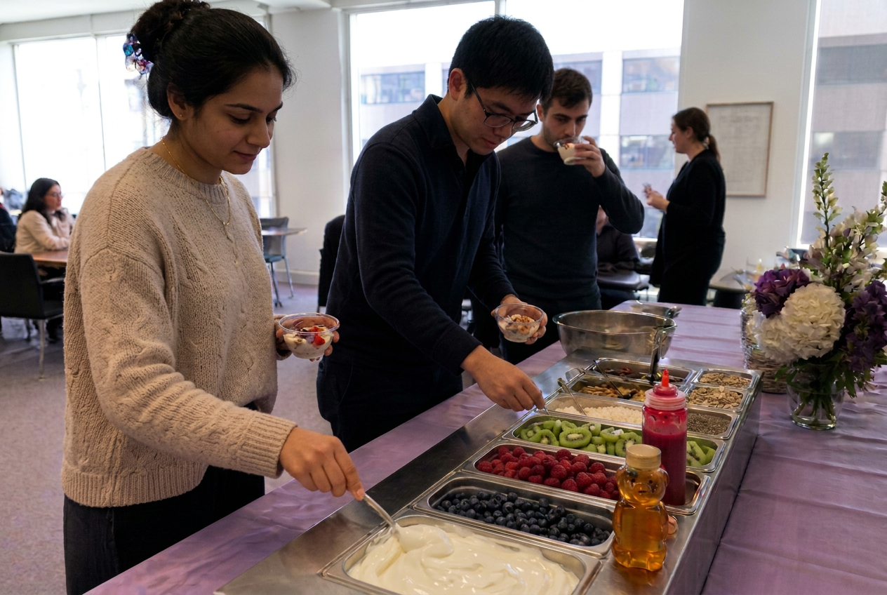 Coworkers serving themselves from a Greek yogurt bar in their office