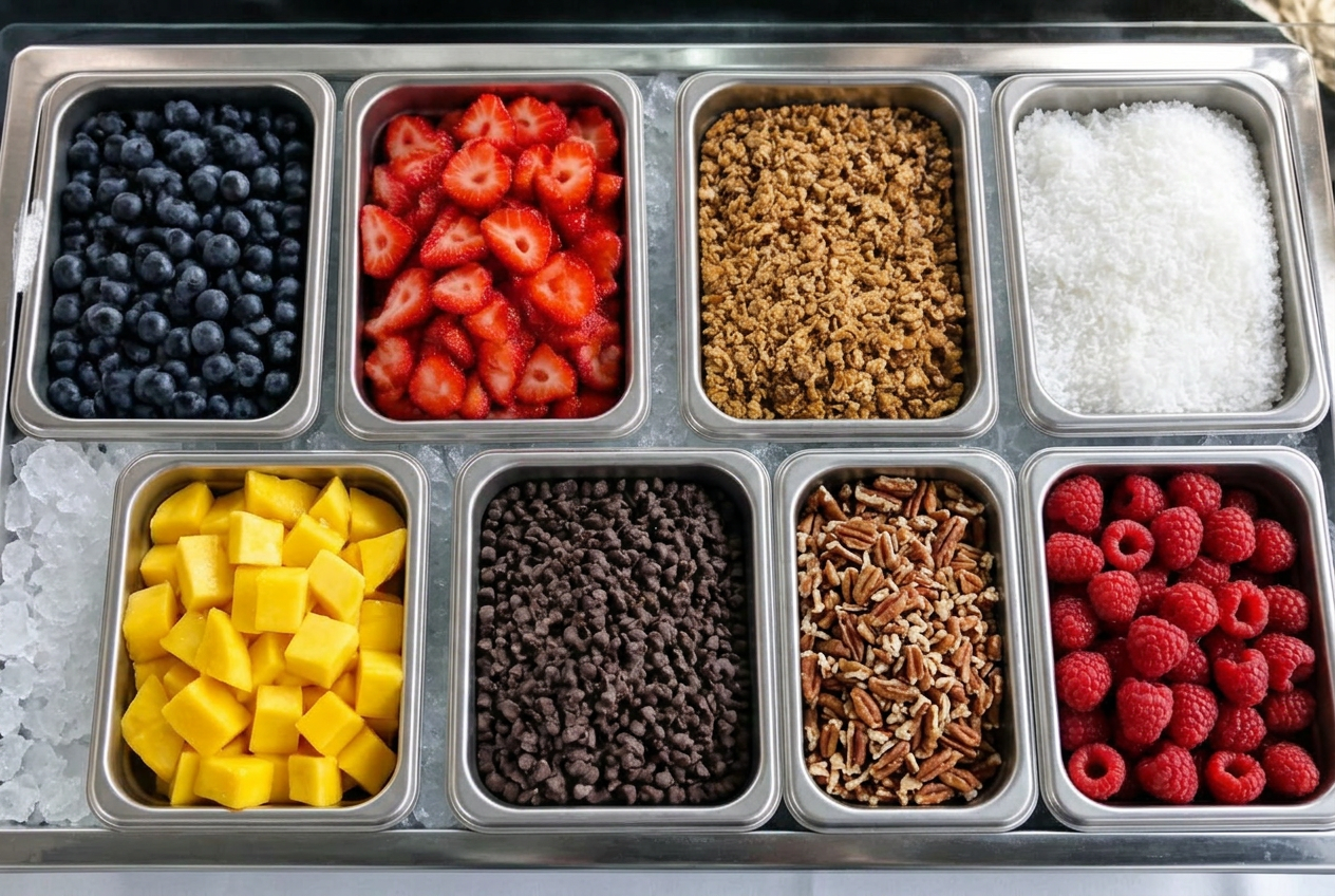 Trays of blueberries, strawberries, granola, coconut, chocolate chips and caramel on ice