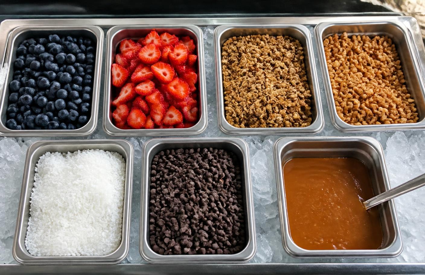 Trays of blueberries, strawberries, granola, coconut, chocolate chips and caramel on ice